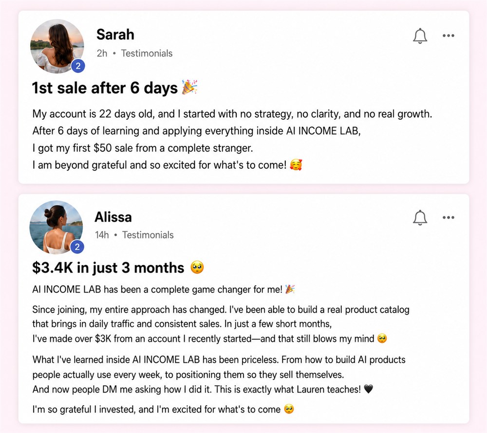 Skool posts: Sarah made her first $50 sale six days after joining, and Alissa reached $3.4K in three months.