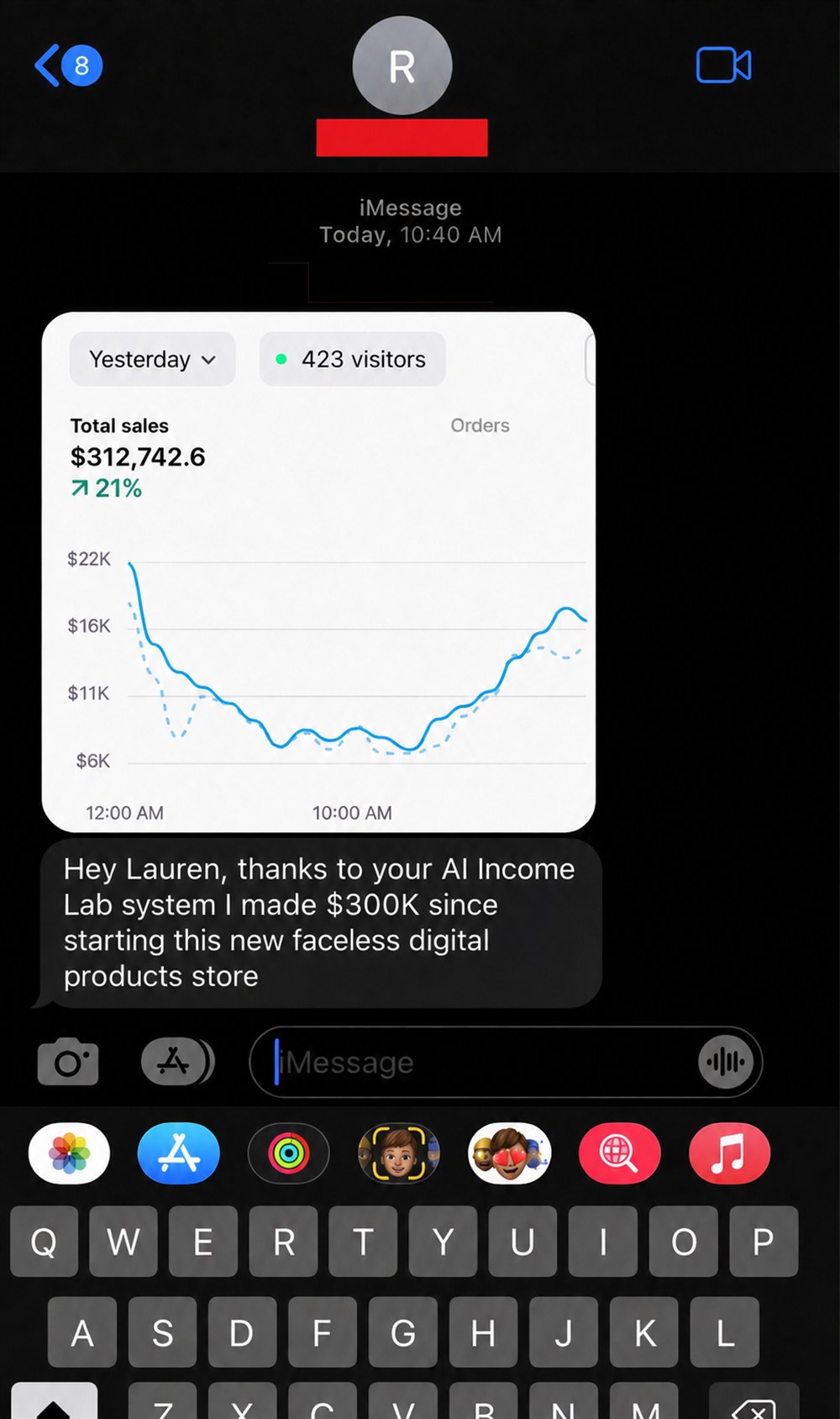 iMessage from a member who made $300K from their faceless digital products store; dashboard shows $312,742 in total sales.
