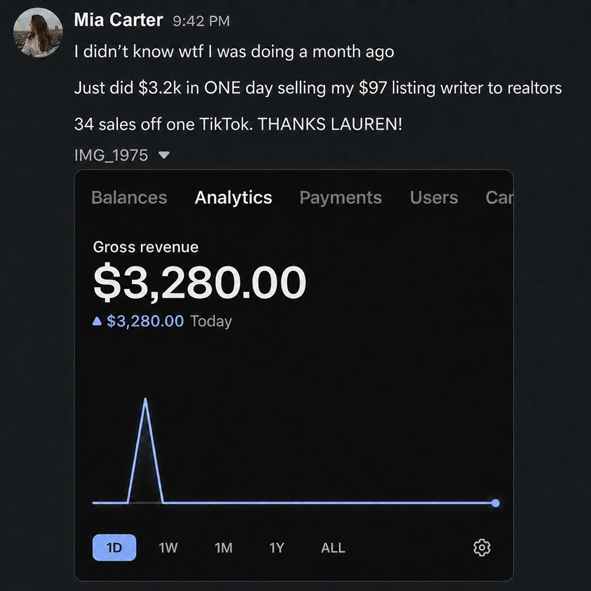 Discord message: Mia made $3.2k in one day selling her $97 listing writer, 34 sales from one TikTok.